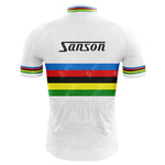 Back view of the France-Loire Sem Green Retro Short Sleeve Cycling Set: a white jersey with green, red, and yellow stripes across the middle and cuffs, featuring "Sem France-Loire" on the upper back—classic cycling gear inspired by vintage style.