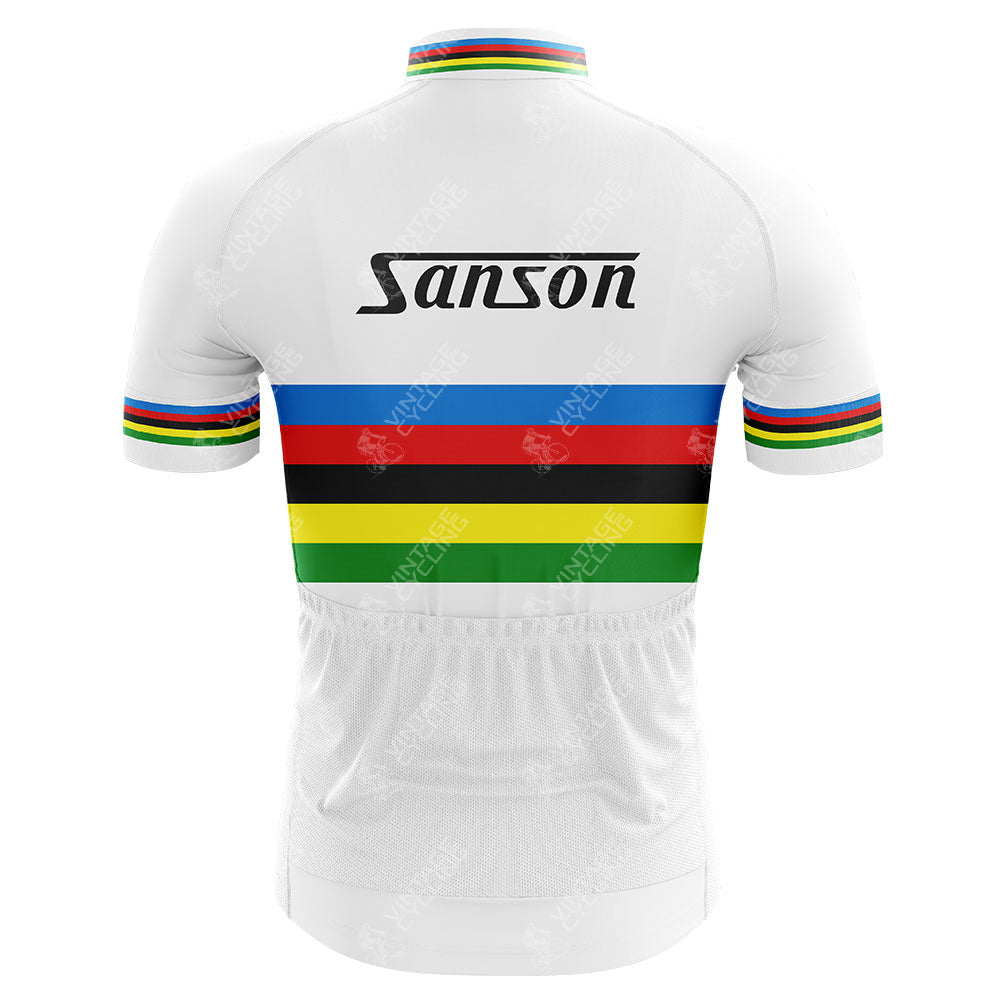 Back view of the France-Loire Sem Green Retro Short Sleeve Cycling Set: a white jersey with green, red, and yellow stripes across the middle and cuffs, featuring "Sem France-Loire" on the upper back—classic cycling gear inspired by vintage style.