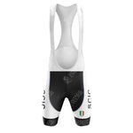 Front view of black and white cycling bib shorts featuring SCIC on both sides, paired with the SCIC Retro Short Sleeve Cycling Set. An Italian flag adorns one leg, while the semi-transparent white bib straps ensure comfort.