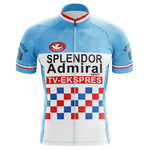 A short-sleeved Teka Retro Cycling Jersey with light blue shoulders, white front, and a red, white, and blue checkered pattern. Features logos and text including SPLENDOR Admiral, TV-EKSPRES, and COLUMBUS.