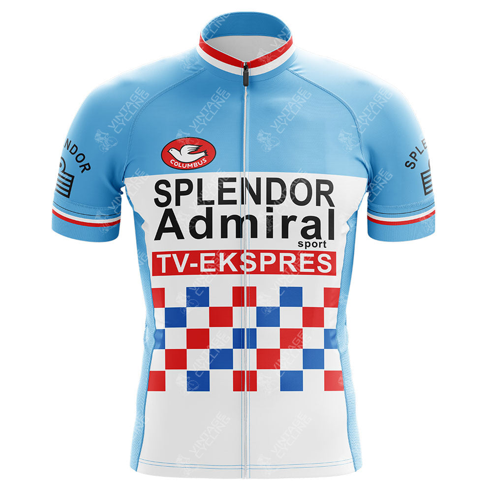 A short-sleeved Teka Retro Cycling Jersey with light blue shoulders, white front, and a red, white, and blue checkered pattern. Features logos and text including SPLENDOR Admiral, TV-EKSPRES, and COLUMBUS.