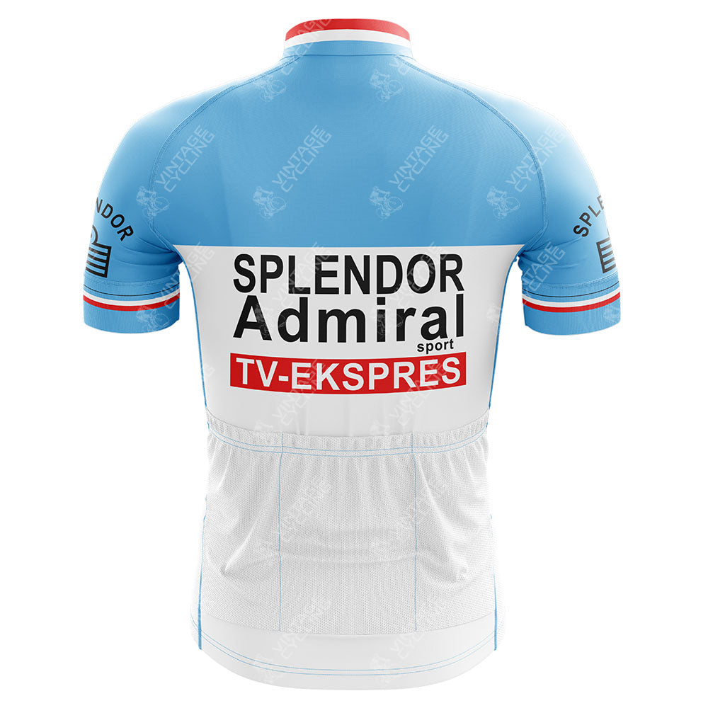 The Teka Retro Cycling Jersey features a blue top, white bottom, and black/red Splendor Admiral Sport and TV-EKSPRES sponsor logos on the back. Inspired by the Yellow Retro Cycling Jersey, it includes small pockets on the lower back.