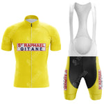 The Bartali Ursus Retro Short Sleeve Cycling Set exudes retro cycling vibes with a yellow jersey featuring the St Raphael Gitane logo, a full front zipper, and coordinating white and yellow bib shorts with St Raphael on the side panels.