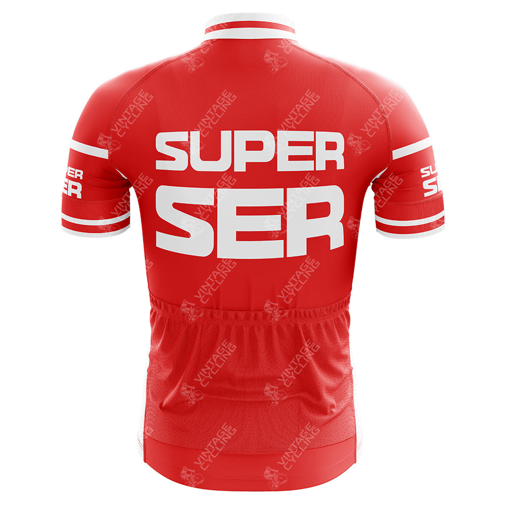 The Super Ser Retro Cycling Jersey features a red back view with bold white SUPER SER lettering. Made from lightweight polyester, it showcases striped sleeves and several rear pockets, combining classic style with functional design.