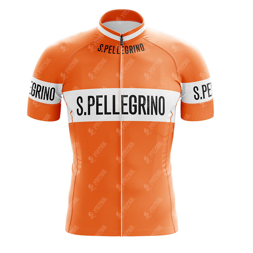 The S.PELLEGRINO Retro Short Sleeve Cycling Set includes an orange jersey with S. PELLEGRINO in black on white bands across the chest and sleeves, a front zipper, high collar, and subtle logo pattern. Consult the size guide for a perfect fit.