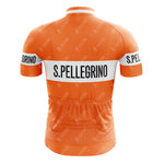 The S.PELLEGRINO Retro Short Sleeve Cycling Set boasts an orange design with white S. Pellegrino bands, back pockets, and offers a perfect fit by following our size guide to complete your cycling ensemble.