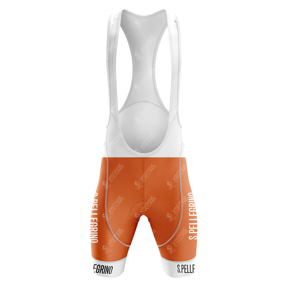 Orange and white cycling bib shorts branded with S. Pellegrino, featuring the brand name vertically on each leg and white straps with a subtle pattern. Part of the S.PELLEGRINO Retro Short Sleeve Cycling Set, they offer style and comfort on every ride.