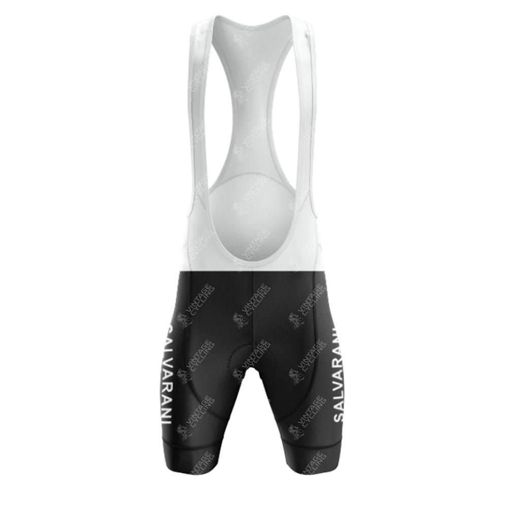 Front view of the Sanson Retro Short Sleeve Cycling Set bib shorts in black and white, featuring "SALVARANI" in white on each leg and breathable white mesh straps for comfort.