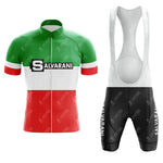 The Sanson Retro Short Sleeve Cycling Set features a green, white, and red striped jersey with "SALVARANI" on the chest and black bib shorts with vertical "SALVARANI" text—ideal for fans of classic cycling style.