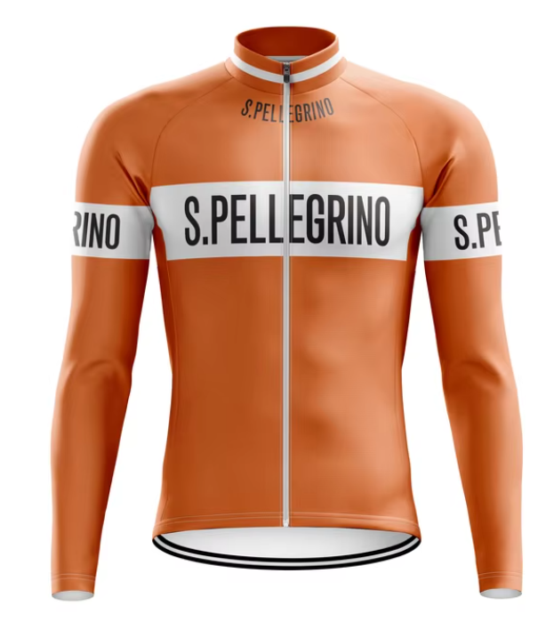 The San Pellegrino Retro Cycling Jersey features an orange design with a front zipper, white horizontal chest and arm stripes showcasing S. Pellegrino in bold black letters. It includes long sleeves, a high collar, and classic style ideal for retro cycling enthusiasts. Available with fleece option.