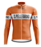 The San Pellegrino Retro Cycling Jersey features an orange design with a front zipper, white horizontal chest and arm stripes showcasing S. Pellegrino in bold black letters. It includes long sleeves, a high collar, and classic style ideal for retro cycling enthusiasts. Available with fleece option.