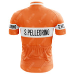 The San Pellegrino Retro Cycling Jersey is vintage with an orange color, S. Pellegrino on the back and sleeves, short sleeves, white horizontal stripes on the chest and sleeves, faded text, a classic collar, and a rear pocket for convenience.