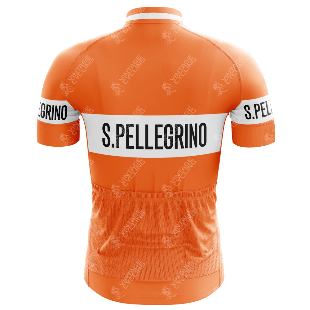 The San Pellegrino Retro Cycling Jersey is vintage with an orange color, S. Pellegrino on the back and sleeves, short sleeves, white horizontal stripes on the chest and sleeves, faded text, a classic collar, and a rear pocket for convenience.