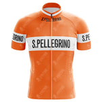The San Pellegrino Retro Cycling Jersey displays an orange and white design with S. Pellegrino on the chest and sleeves, a full-length zipper, and a subtle printed pattern, combining vintage style with functionality.