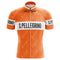The San Pellegrino Retro Cycling Jersey displays an orange and white design with S. Pellegrino on the chest and sleeves, a full-length zipper, and a subtle printed pattern, combining vintage style with functionality.