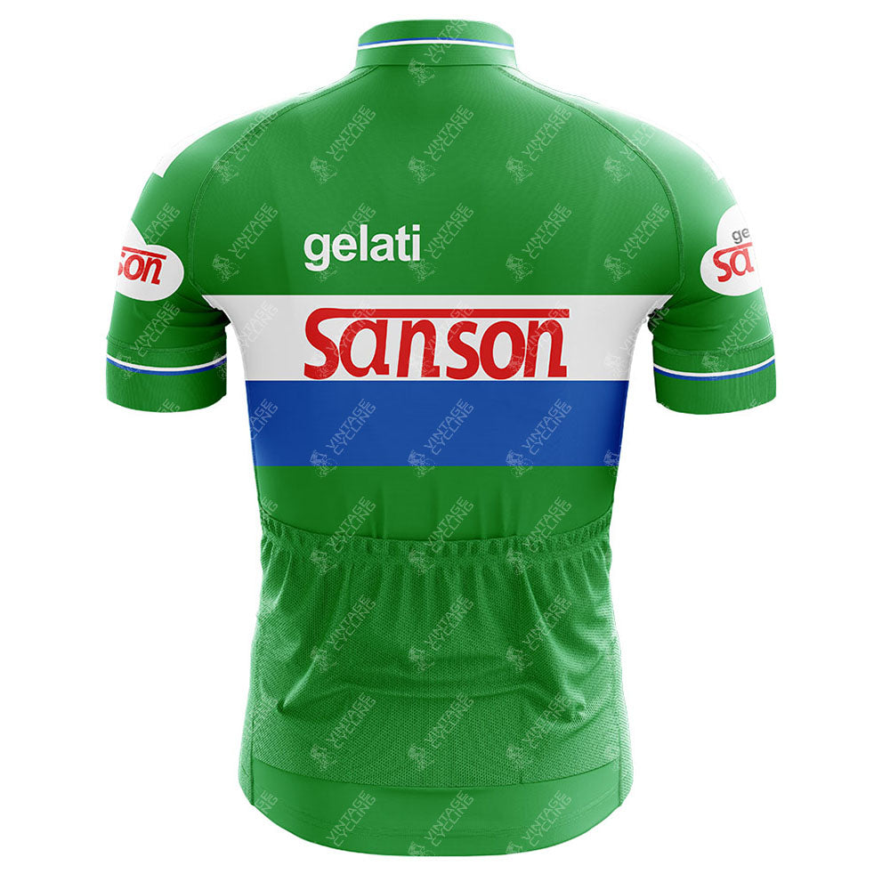 Back view of the Sanson White Retro Cycling Jersey, featuring green, white, and blue stripes with "gelati" and "Sanson" in red and white text on the back and sleeves. Breathable material.