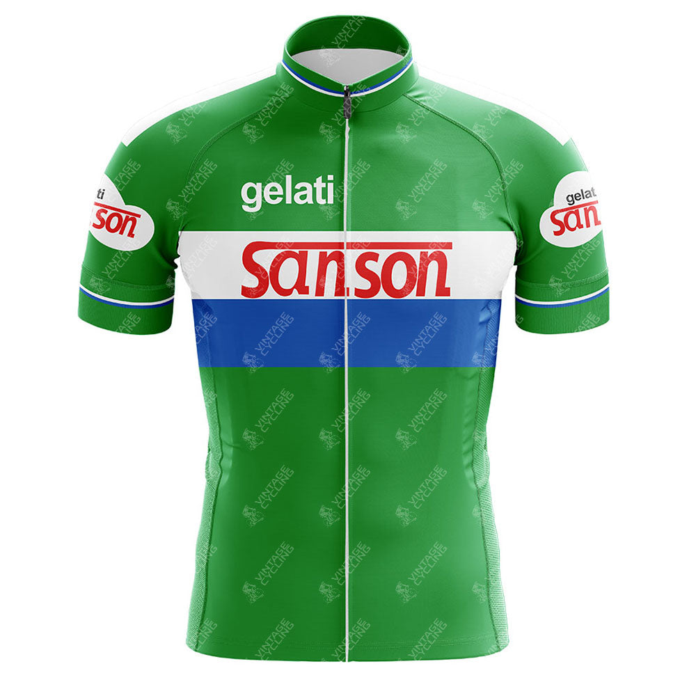 The Sanson White Retro Cycling Jersey features green, white, and blue horizontal stripes, red Sanson logos on the chest and sleeves, gelati in white text, a full front zipper, and a stand-up collar.