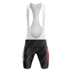 Front view of the Sanson White Retro Short Sleeve Cycling Set in black with white shoulder straps, yellow and red leg logos, seamless athletic design, and customizable sizing for a comfortable, high-performance fit.
