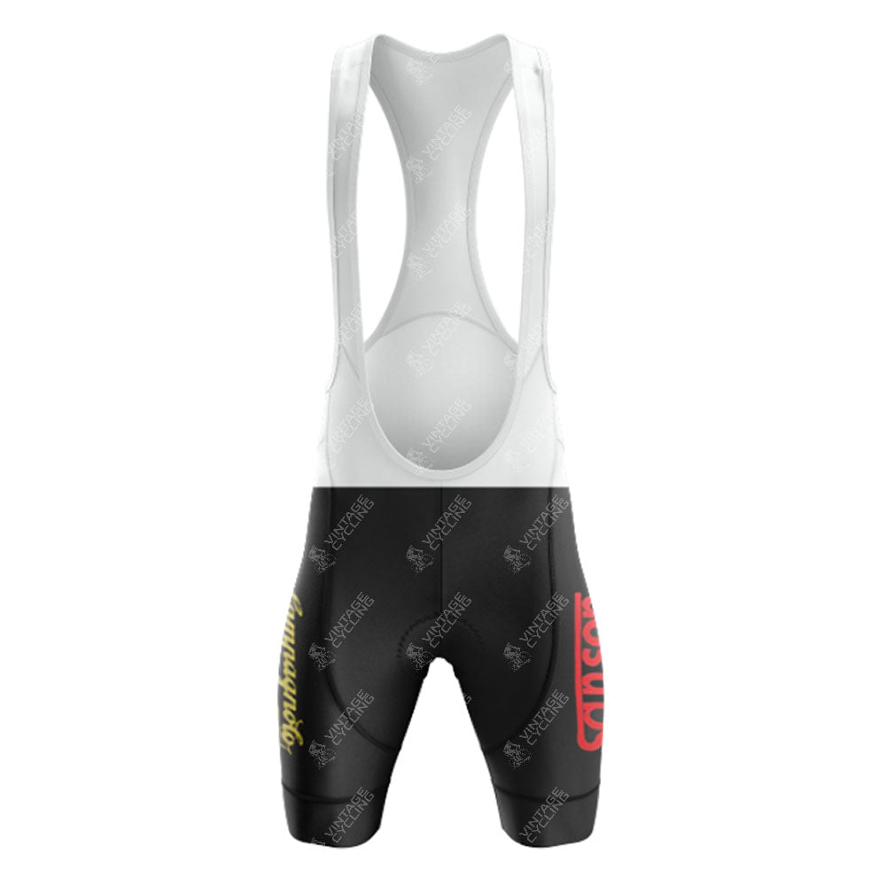 Front view of the Sanson White Retro Short Sleeve Cycling Set in black with white shoulder straps, yellow and red leg logos, seamless athletic design, and customizable sizing for a comfortable, high-performance fit.