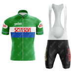 The Sanson White Retro Short Sleeve Cycling Set features a green, white, and blue jersey with "gelati Sanson" text and black bib shorts with yellow/red details. Enjoy customizable sizing for a stylish and perfect fit.
