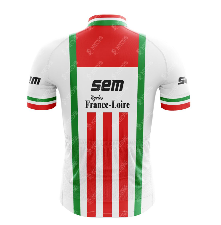 The Sem-France Loire Retro Cycling Jersey showcases a classic rear view with red and white stripes, green accents on sleeves and sides, and SEM Cycles France-Loire boldly printed on the back, embodying vintage cycling spirit.