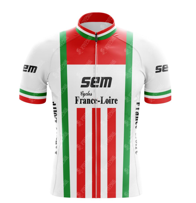 The Sem-France Loire Retro Cycling Jersey features a red and white vertical stripe pattern with white sleeves. Red, green, and white bands highlight the cuffs, while SEM Cycles Franco-Loire is displayed on the chest for a classic vibe.