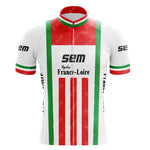 The Teka Retro Short Sleeve Cycling Set features vertical red and green stripes on a white background, with SEM and Cycles France-Loire in black on the chest and sleeves. Breathable fabric with matching striped sleeves completes the classic look.