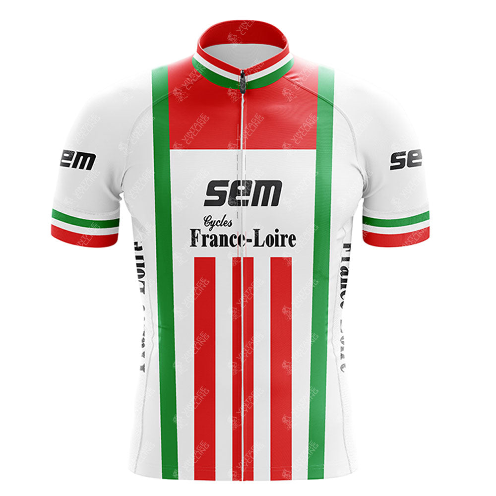 The Teka Retro Short Sleeve Cycling Set features vertical red and green stripes on a white background, with SEM and Cycles France-Loire in black on the chest and sleeves. Breathable fabric with matching striped sleeves completes the classic look.