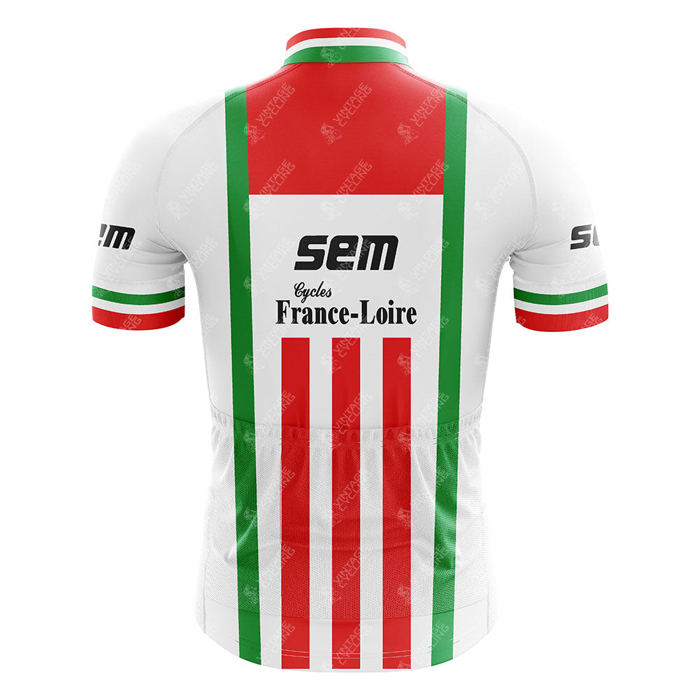 Back view of the Teka Retro Short Sleeve Cycling Set featuring red vertical stripes, green accents on a white background, SEM Cycles France-Loire in black on the upper back, and matching stripe details on the sleeves and collar.