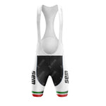 The Teka Retro Short Sleeve Cycling Set features white bib shorts with black thigh panels, SEM text on each leg, and green, white, and red stripes at the leg openings—ideal for a classic cycling look.