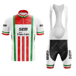 The Teka Retro Short Sleeve Cycling Set features red vertical stripes, green accents, and SEM, Cycles France-Loire logos. Breathable and stylish, it includes mostly black shorts boldly marked "SEM" on the sides for comfort and flair.