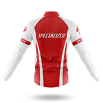 The Chief Long Sleeve Cycling Jersey in red and white is shown from the back, displaying "SPECIALIZED" in bold on the upper back and sleeves, with a streamlined, retro-inspired design.