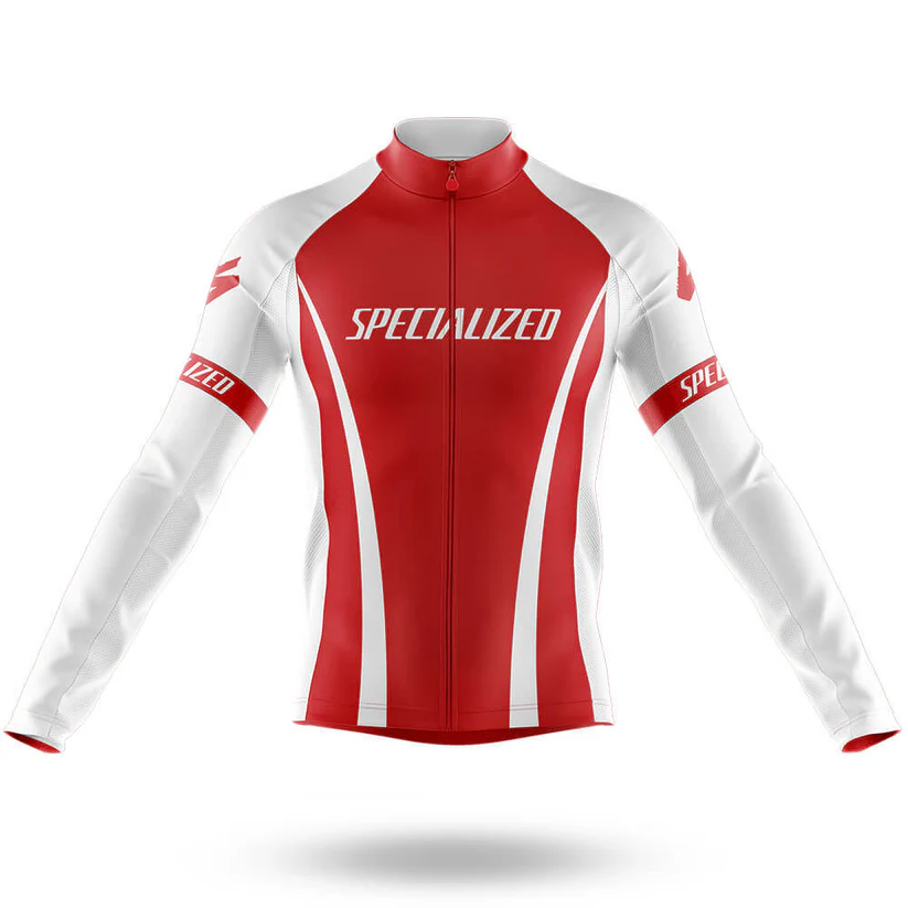 The Chief Long Sleeve Cycling Jersey features a bold red front, white sleeves, and "SPECIALIZED" in striking white letters across the chest and both sleeves—a classic retro design.