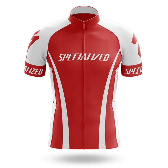 A red and white Airborne Veteran Short Sleeve Cycling Set jersey with bold SPECIALIZED lettering, front zipper, and modern sporty design—ideal customizable cycling gear for any rider.