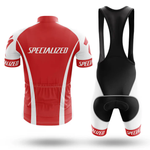 Front view of the Airborne Veteran Short Sleeve Cycling Set in red and white with SPECIALIZED across the back, plus matching black, white, and red bib shorts shown from the back—ideal for fans of customizable cycling gear.