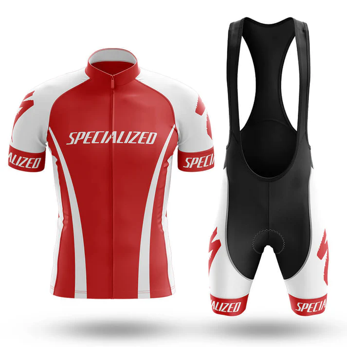 Red, white, and black Airborne Veteran Short Sleeve Cycling Set featuring SPECIALIZED across the chest and legs; includes a zip-up jersey and bib shorts with branding and graphic accents.