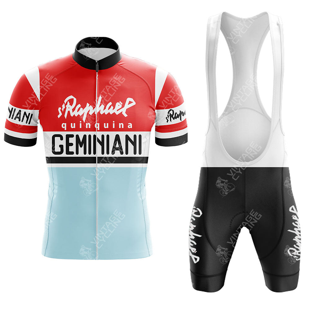 The Mercatone Uno Retro Short Sleeve Cycling Set includes a red, white, and light blue jersey with St Raphael Geminiani text and matching black bib shorts with white straps and script logos for a classic cycling look.