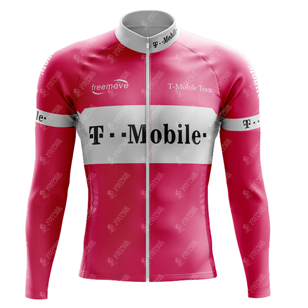 The T-Mobile Retro Long Sleeve Cycling Set features a pink and white design, lightweight polyester, full front zipper, and chest and sleeve logos, available with an optional fleece version for cooler rides.