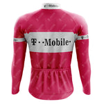 Rear view of the T-Mobile Retro Long Sleeve Cycling Jersey in pink, made from lightweight polyester, featuring the T-Mobile logo on a white horizontal stripe across the back.