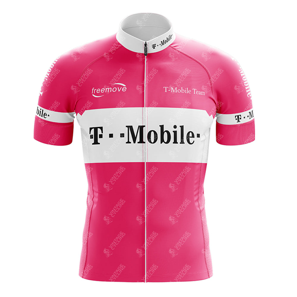 The T-Mobile Retro Short Sleeve Cycling Set features a pink and white jersey with T-Mobile branding, short sleeves, a front zipper, and logos like freemove and T-Mobile Team, ideal for vintage cycling fans.