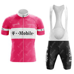 This T-Mobile Retro Short Sleeve Cycling Set features a vibrant pink jersey with white trim, black accents, and the T-Mobile logo, paired seamlessly with black and white bib shorts for an authentic vintage cycling look.