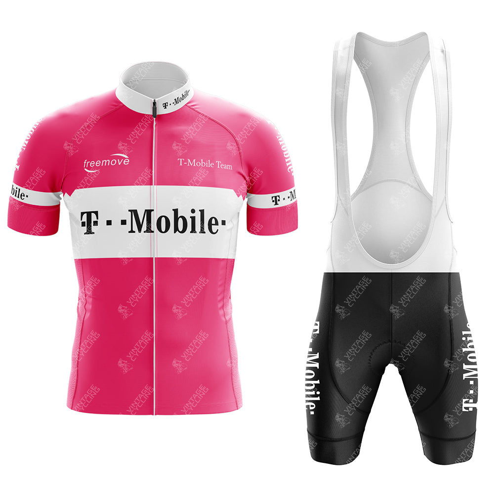This T-Mobile Retro Short Sleeve Cycling Set features a vibrant pink jersey with white trim, black accents, and the T-Mobile logo, paired seamlessly with black and white bib shorts for an authentic vintage cycling look.