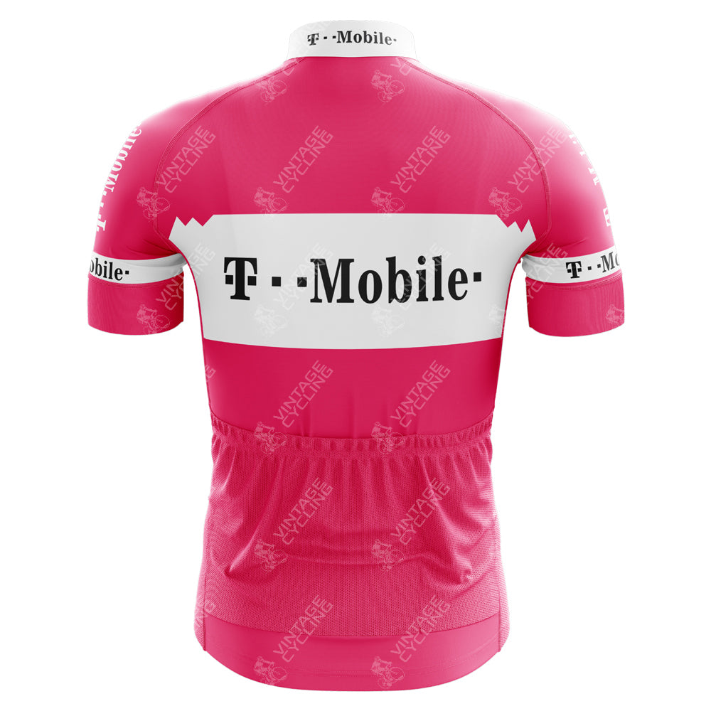 The T-Mobile Uvex Pink Retro Cycling Jersey features T-Mobile in bold on a white stripe across the shoulders. Made from lightweight polyester, it has short sleeves, an elastic waist, and back pockets.