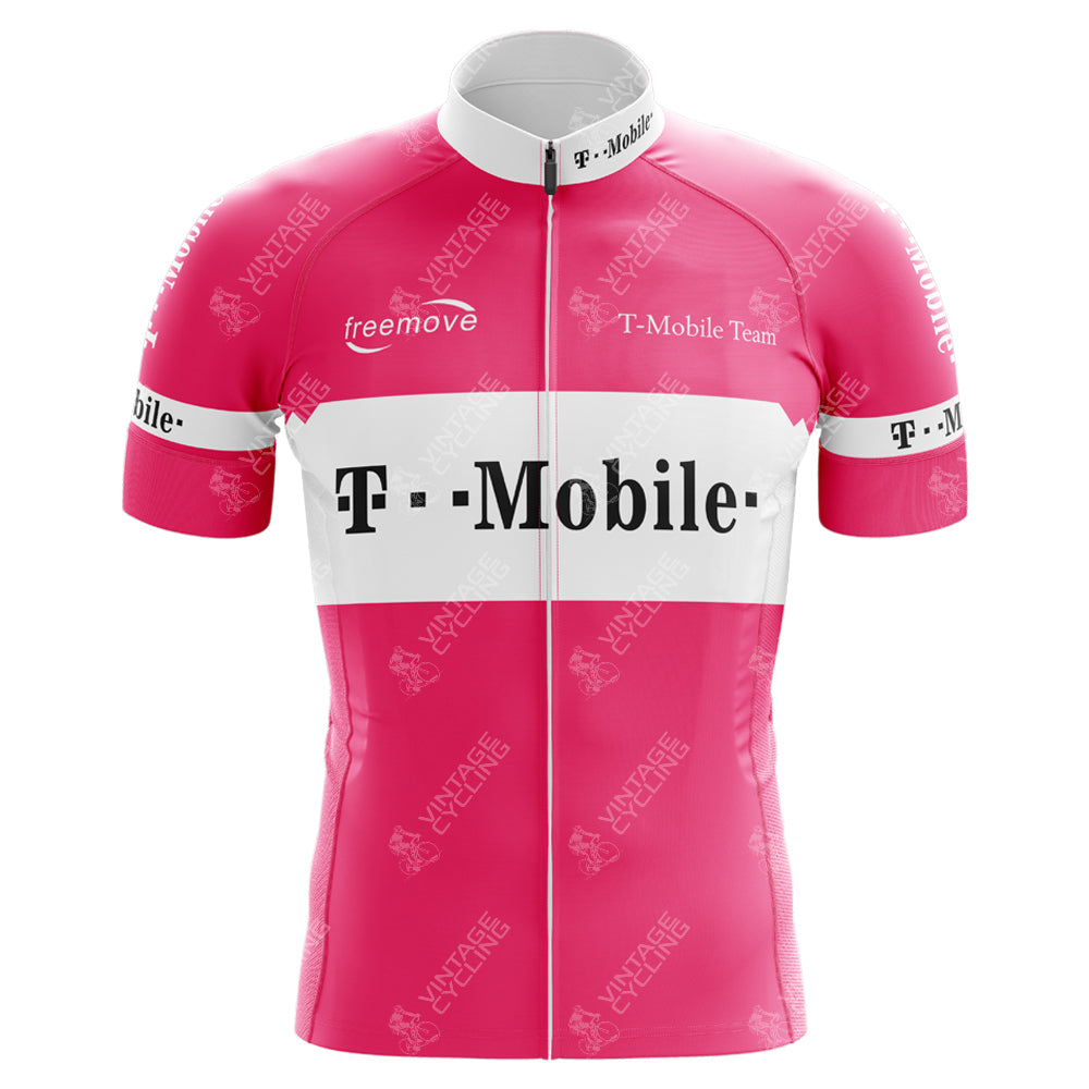 The T-Mobile Uvex Pink Retro Cycling Jersey is made from lightweight polyester with a T-Mobile logo in black on a white chest band. It includes freemove and T-Mobile Team logos on the short sleeves, along with a full front zipper.