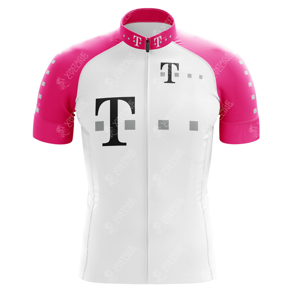 The T-Mobile Uvex Pink cycling jersey v1 Retro features short sleeves and a white-and-pink design with a square pattern. A bold black T logo is displayed on the chest, while smaller white T logos adorn the collar, making it ideal for professional cycling and international events.
