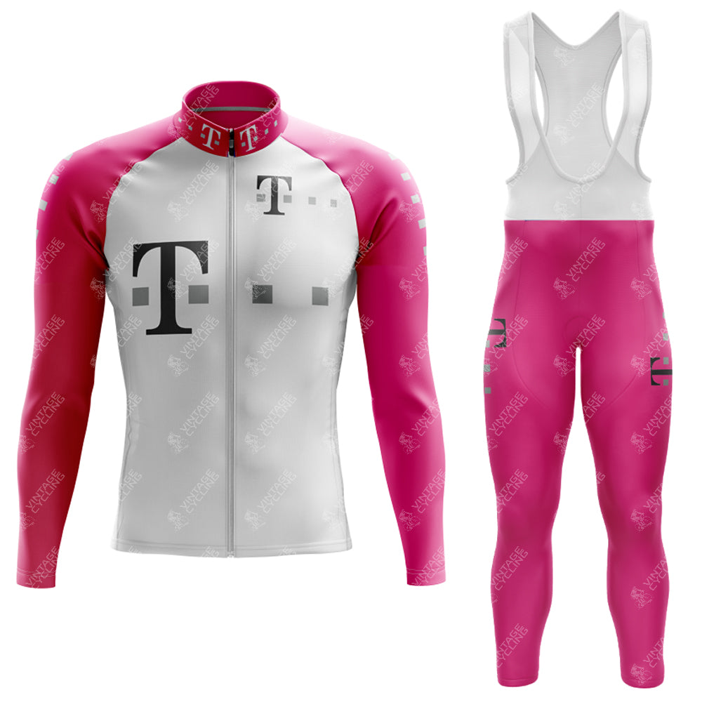 The T Retro Long Sleeve Cycling Set offers a lightweight polyester design with a pink and white jacket featuring a zipper, prominent T logo, and optional fleece lining. The matching bib tights include shoulder straps and logo accents for a cohesive look.