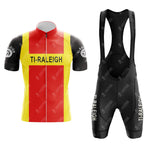The Peugeot BP Dunlop Retro Short Sleeve Cycling Set features a classic cycling jersey with a front zipper and black bib shorts, both showcasing the iconic Peugeot BP Dunlop design.