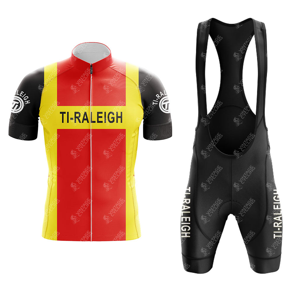 The Peugeot BP Dunlop Retro Short Sleeve Cycling Set features a classic cycling jersey with a front zipper and black bib shorts, both showcasing the iconic Peugeot BP Dunlop design.