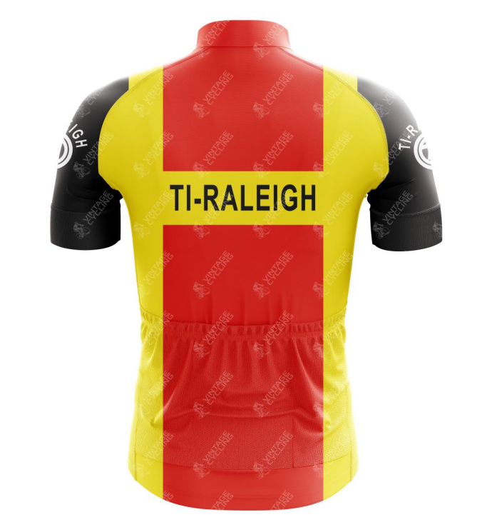 The back of the TI Raleigh Retro Cycling Jersey features a vibrant yellow and red design with TI-RALEIGH in black across the upper back, evoking Peter Posts iconic team time-trials, and its black sleeves are decorated with logos.