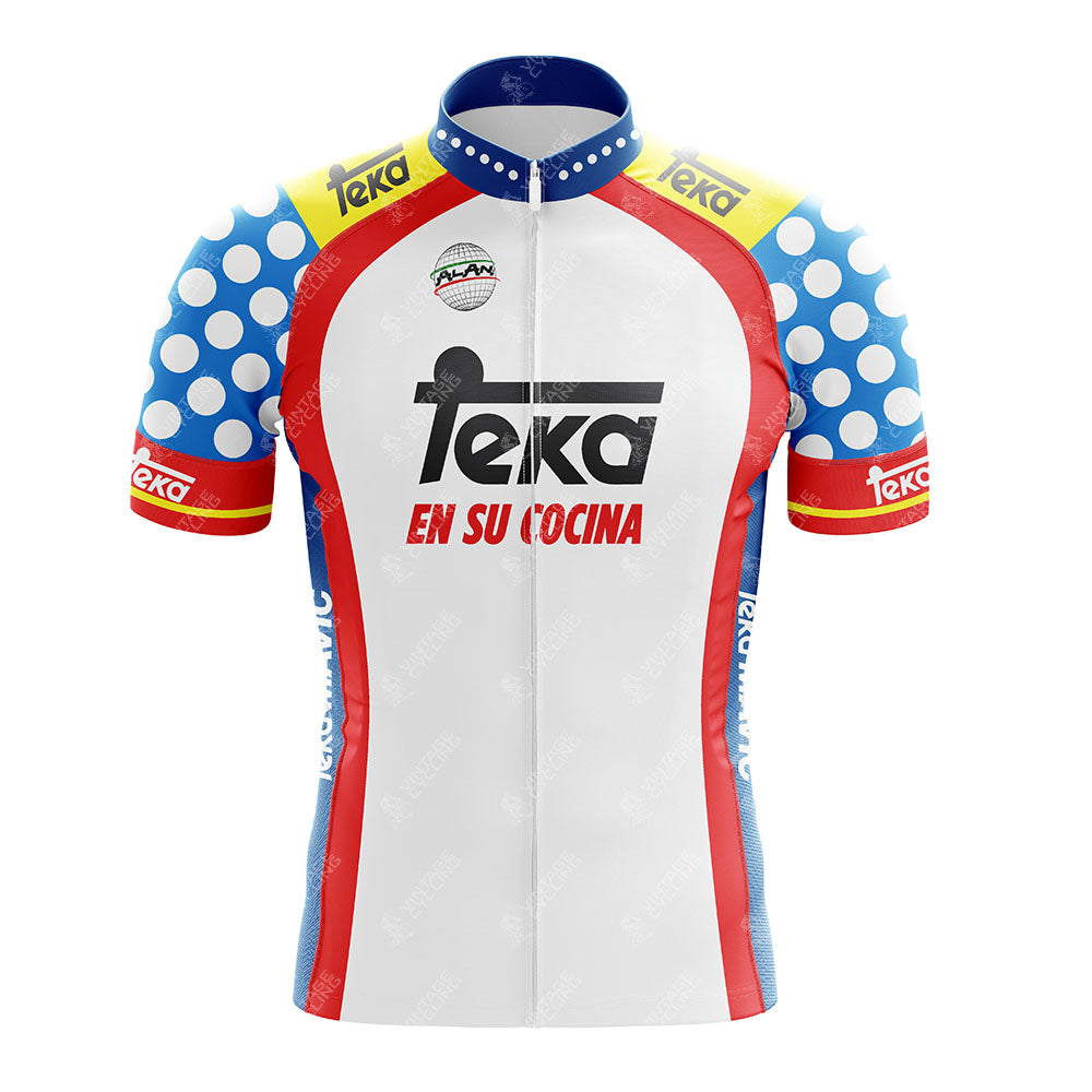 The Mars White Retro Cycling Jersey features "Teka en su cocina" on the front, white, red, and blue colors, yellow shoulders, blue sleeves with large white polka dots, plus sponsor logos across a lightweight design.